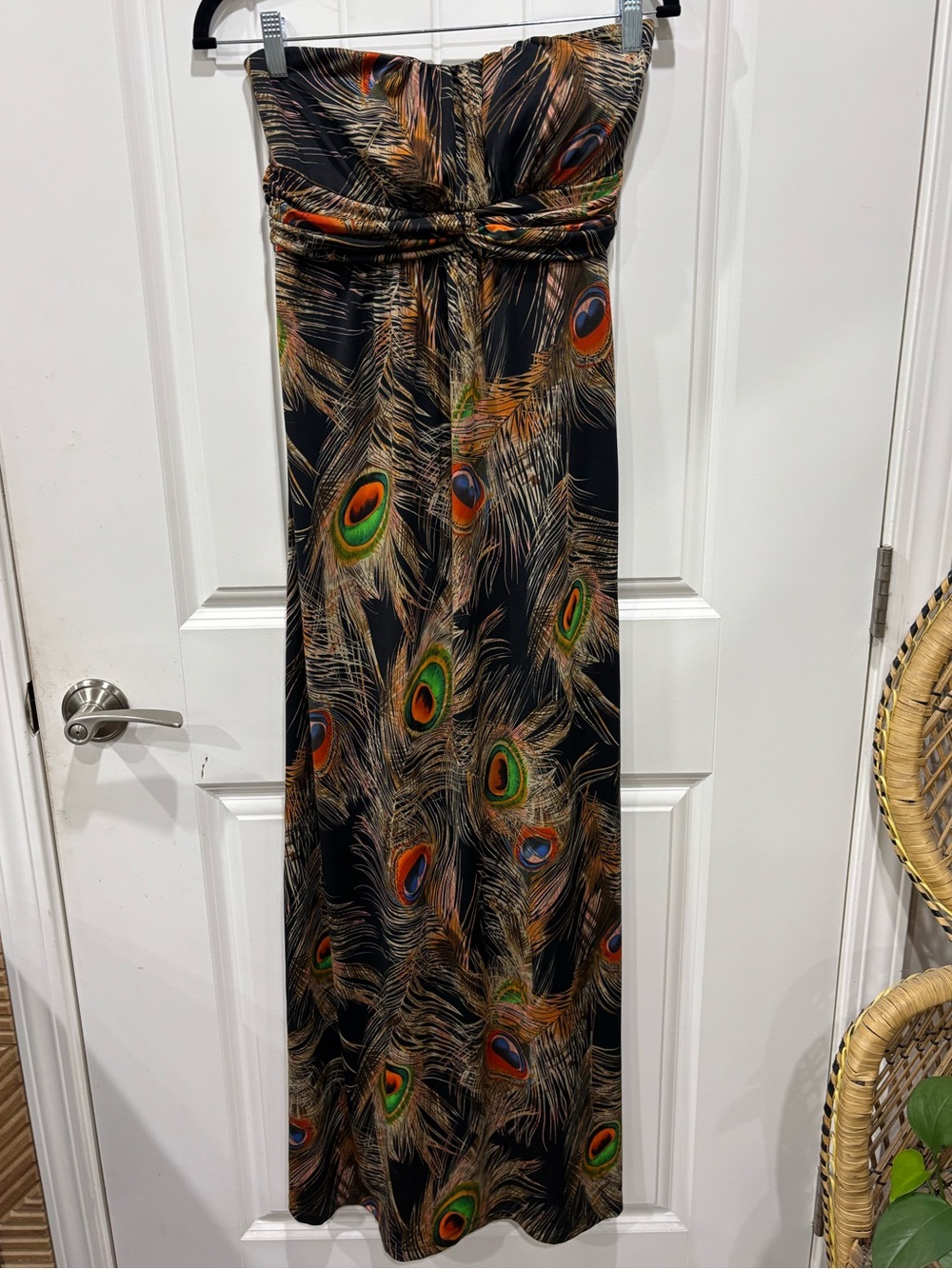 Poetry Strapless Maxi Dress in Black with Multicolor Peacock Print